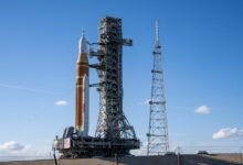 The SLS rocket arrives at Kennedy Space Center in preparation for a manned lunar mission