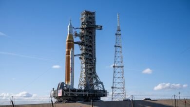 The SLS rocket arrives at Kennedy Space Center in preparation for a manned lunar mission