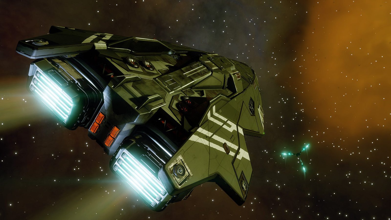 Screenshots from the video game Elite Dangerous, showing spaceships around planets.