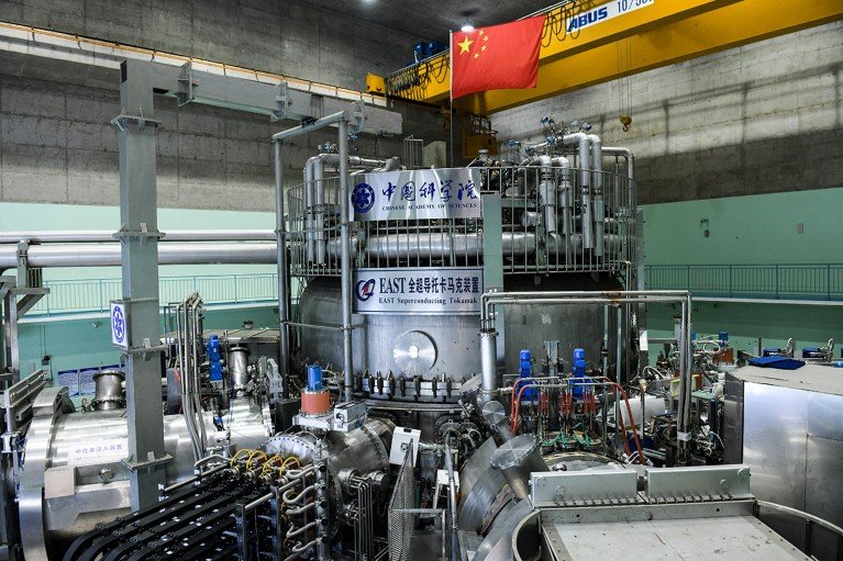 The national flag of China flies atop the Experimental Advanced Superconducting Tokamak (EAST).