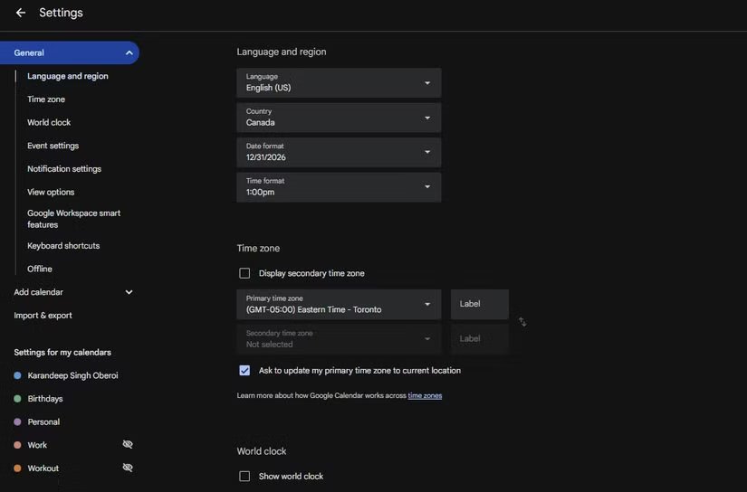 لقطة شاشة توضح قائمة التقويم الخاصة بي في إعدادات تقويم Google.